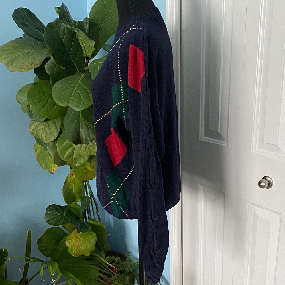 Woods & Gray Large Argyle Navy Knit Textured Sweater with Red And Green Detail - Picture 2 of 6